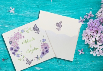 Invitatie de nunta cu fluturasi si flori de liliac